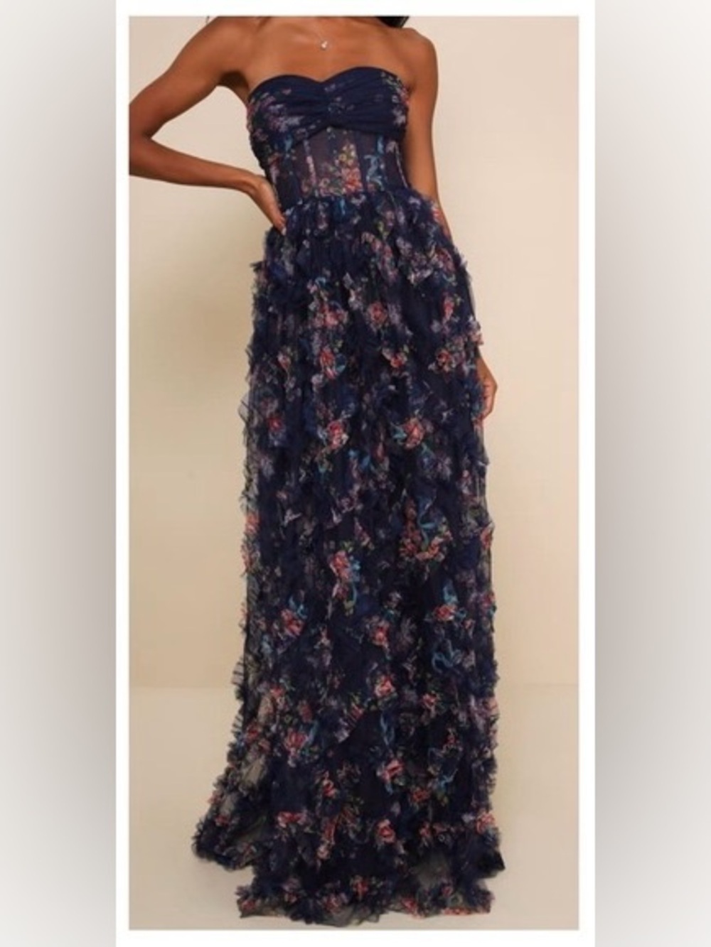 Lulu's Navy Floral Ruffle Strapless Maxi Dress